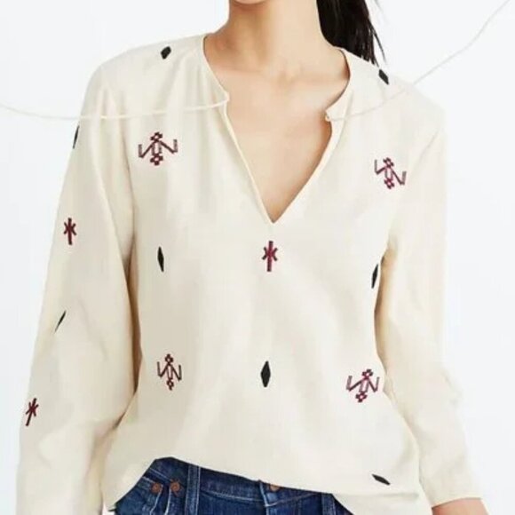 Madewell Embroidered Fringe Top Pom Pom Boho 100% Silk Cream - S - Picture 2 of 14